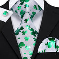 White and Green Clover Silk Tie Set - GentCrest
