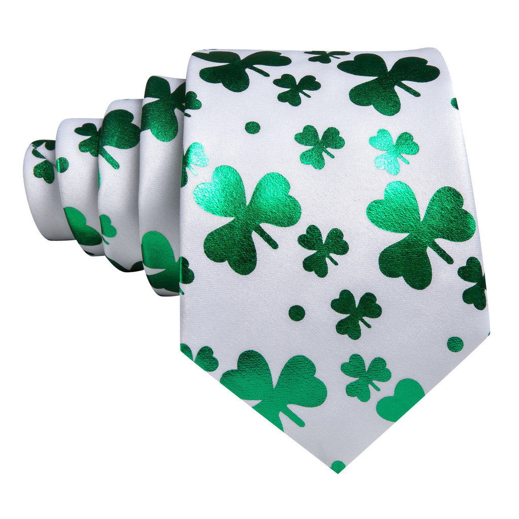 White and Green Clover Silk Tie Set - GentCrest - View 3
