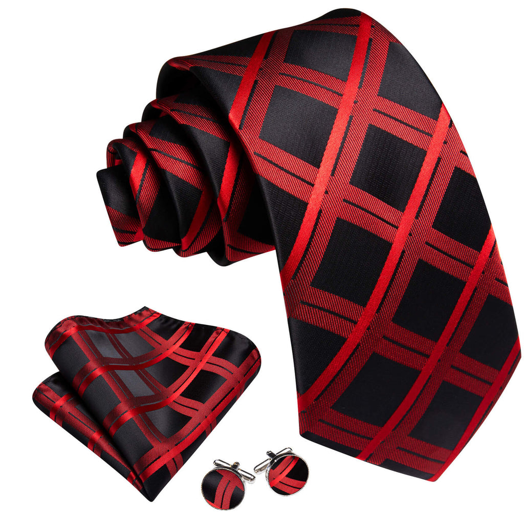 Black Orange Red Plaid Silk Tie Set - GentCrest - View 2