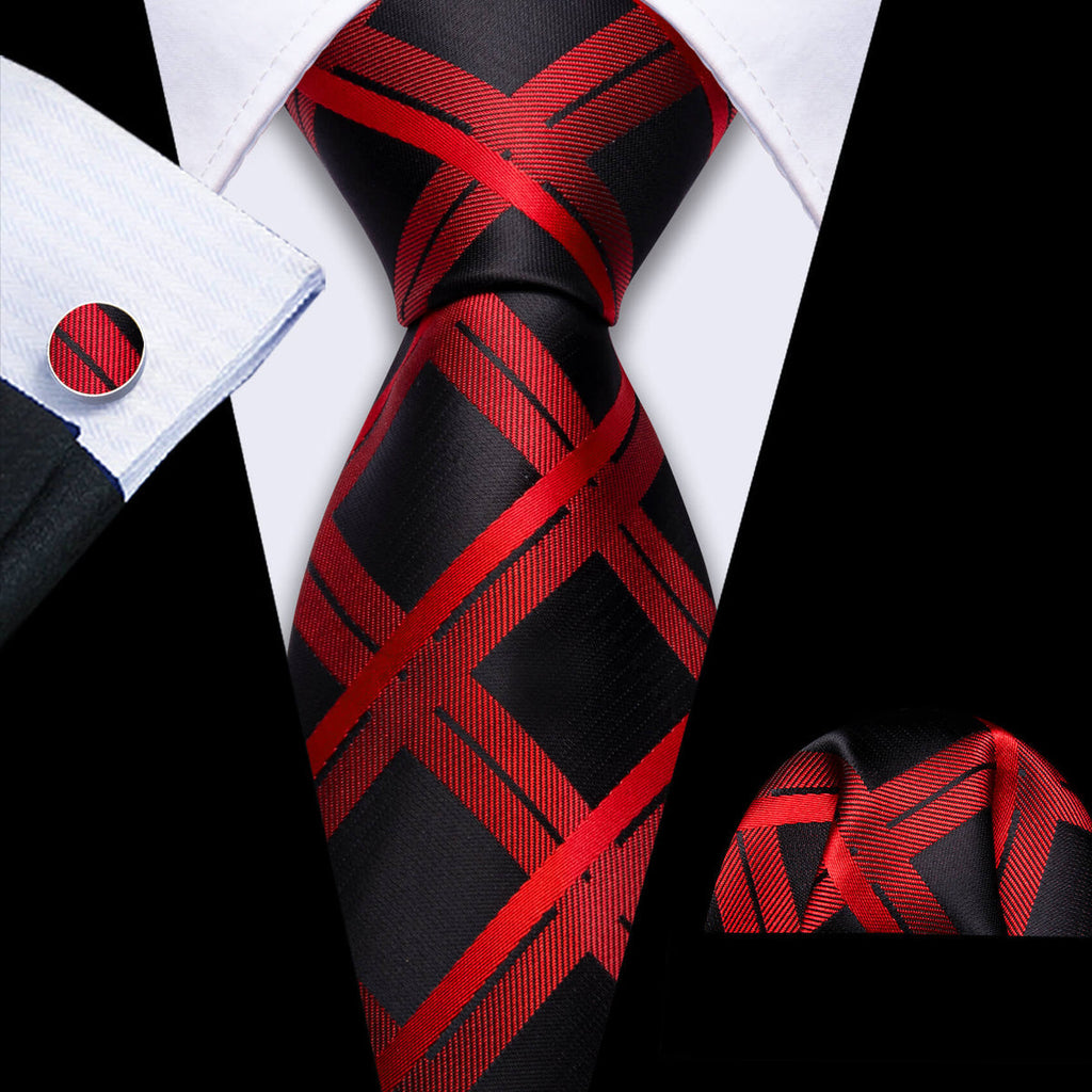 Black Orange Red Plaid Silk Tie Set - GentCrest