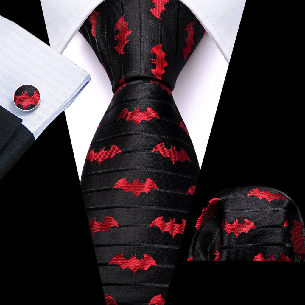 Black & Red Jacquard Bat Silk with Pocket Square and Cufflinks Silk Tie Set - GentCrest