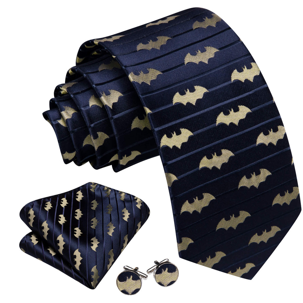 Navy Blue & Yellow Woven Bat Silk with Pocket Square and Cufflinks Silk Tie Set - GentCrest - View 3