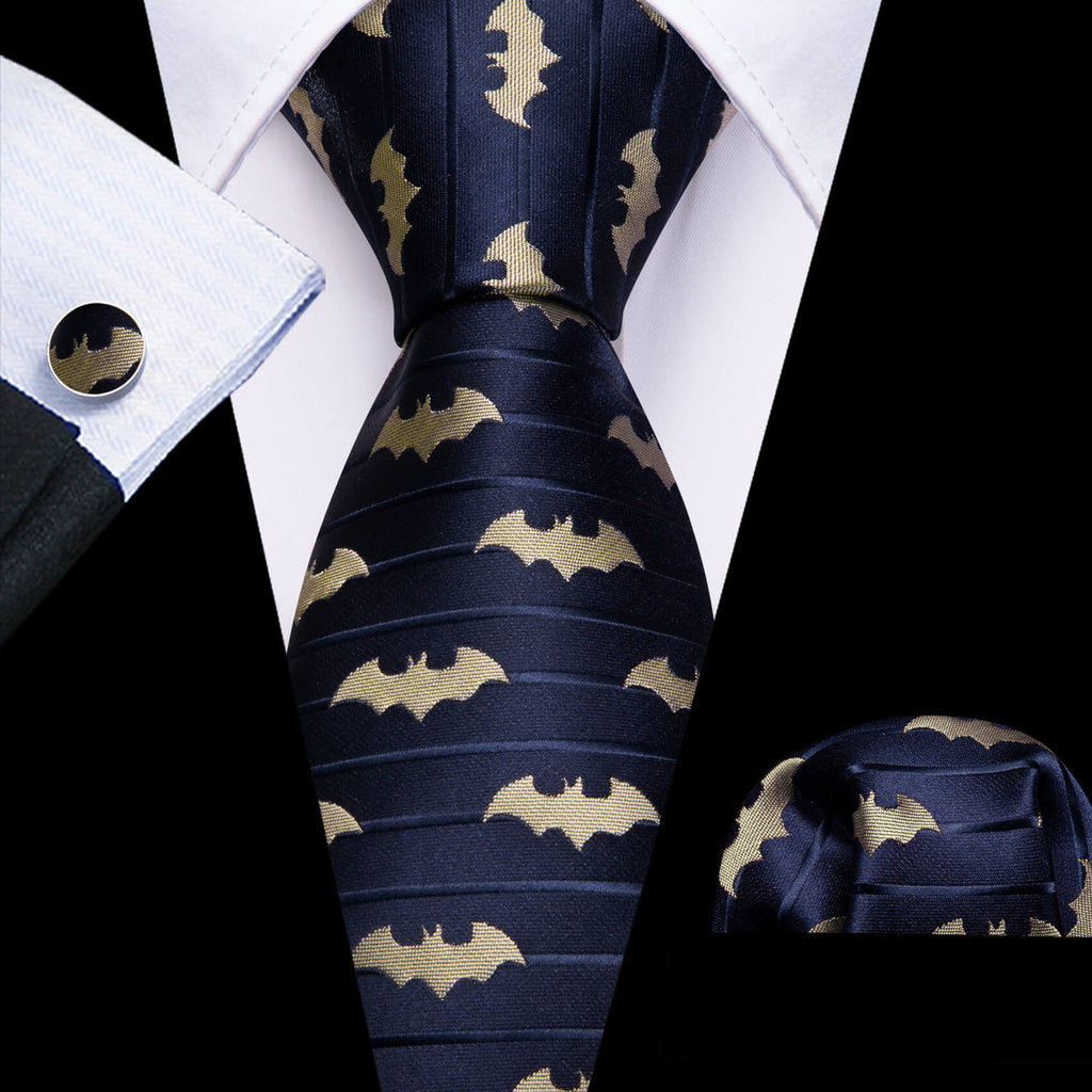 Navy Blue & Yellow Woven Bat Silk with Pocket Square and Cufflinks Silk Tie Set - GentCrest