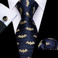 Navy Blue & Yellow Woven Bat Silk with Pocket Square and Cufflinks Silk Tie Set - GentCrest
