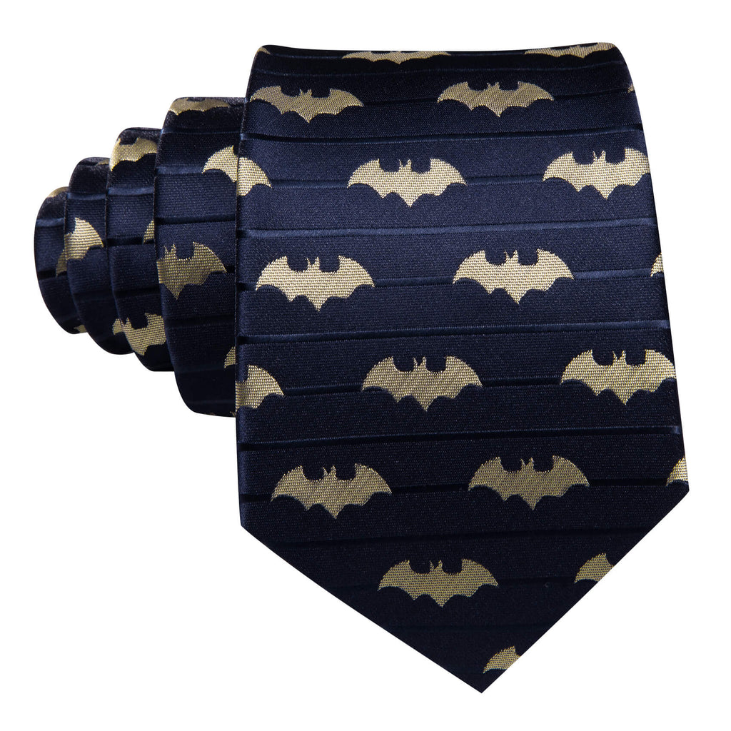 Navy Blue & Yellow Woven Bat Silk with Pocket Square and Cufflinks Silk Tie Set - GentCrest - View 4