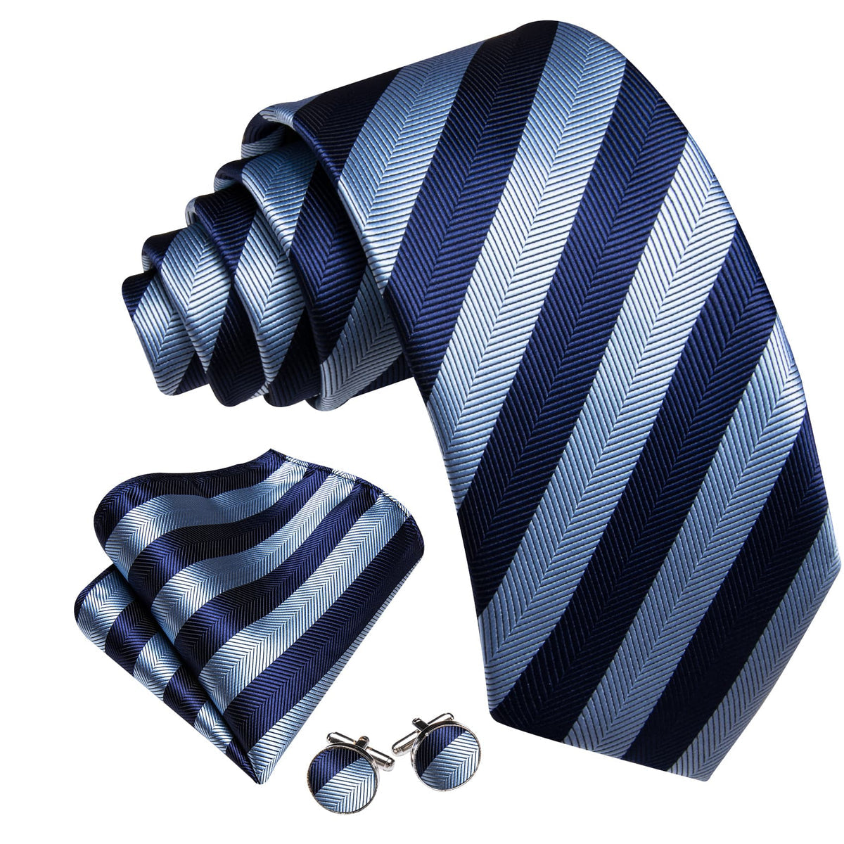 Blue Striped Jacquard Pattern Silk Tie Set - GentCrest - View 3