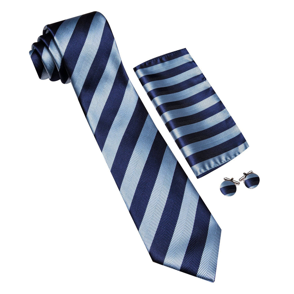 Blue Striped Jacquard Pattern Silk Tie Set - GentCrest - View 4