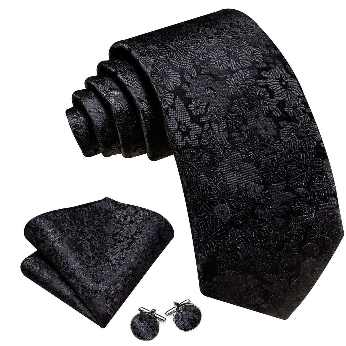 Black Floral Sunflower Silk Tie Set - GentCrest - View 3