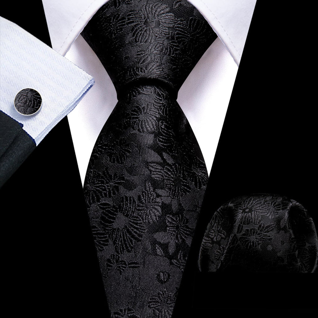 Black Floral Sunflower Silk Tie Set - GentCrest