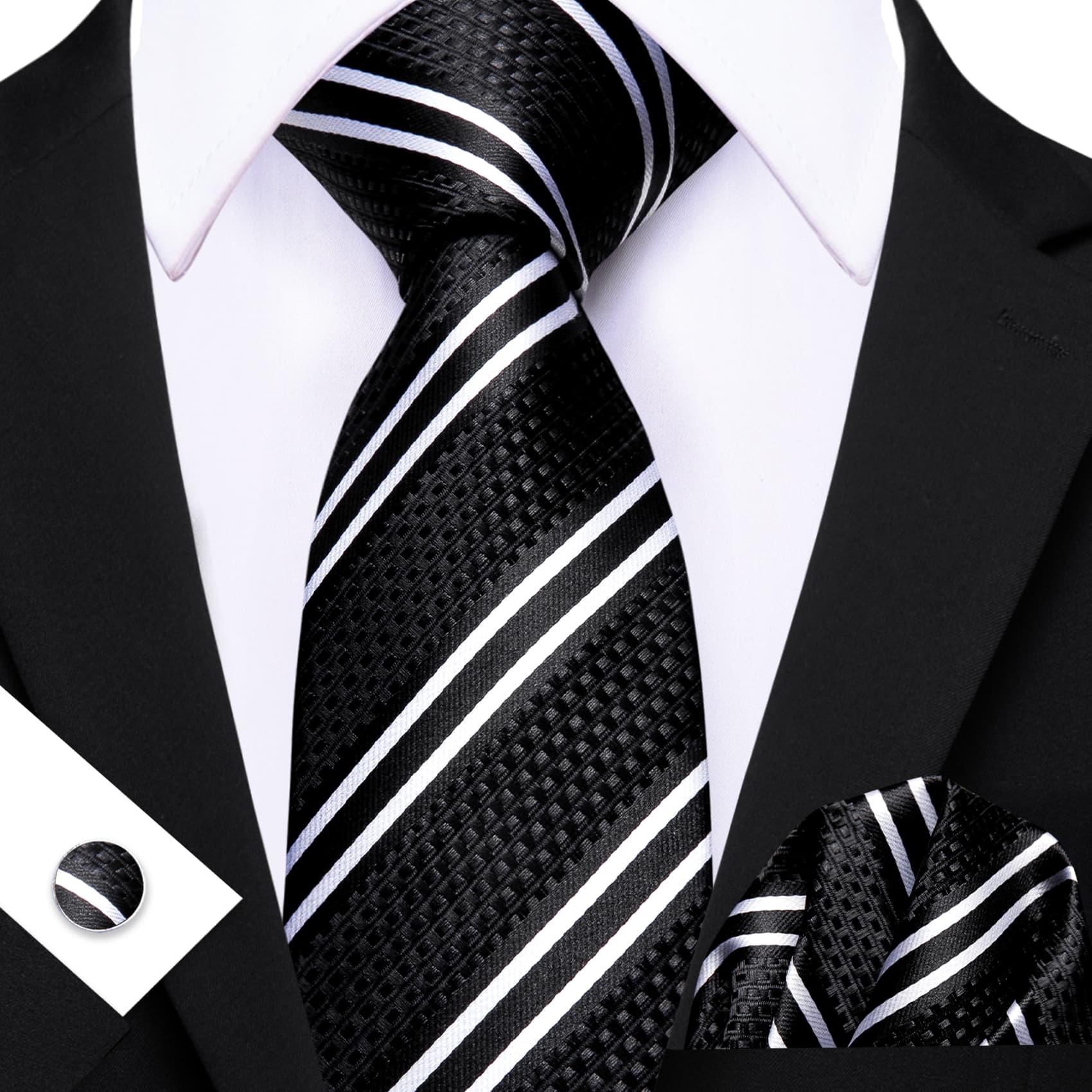 GentCrest Black Striped Tie Hanky Cufflinks Set - Image 2