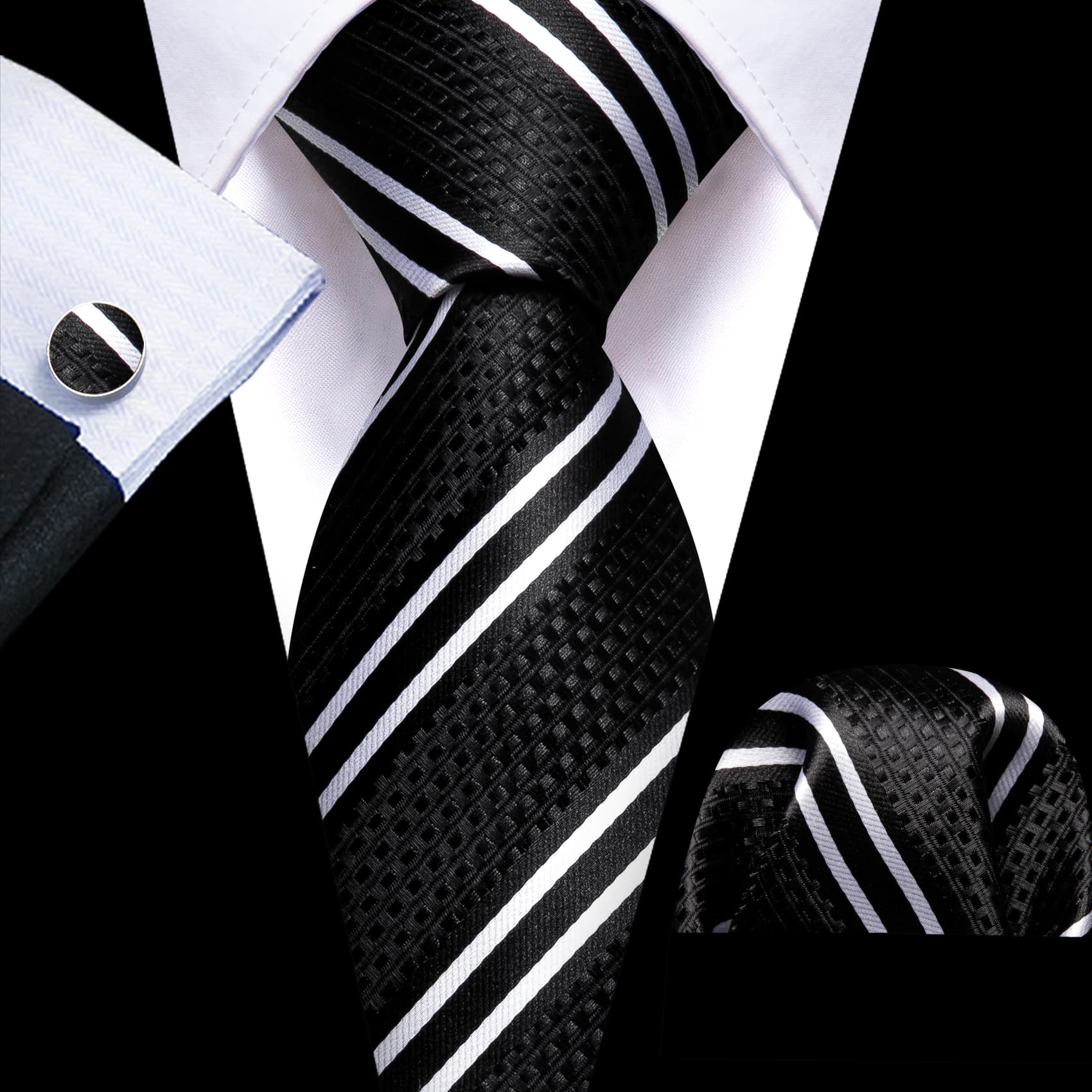 GentCrest Black Striped Tie Hanky Cufflinks Set - Image 1