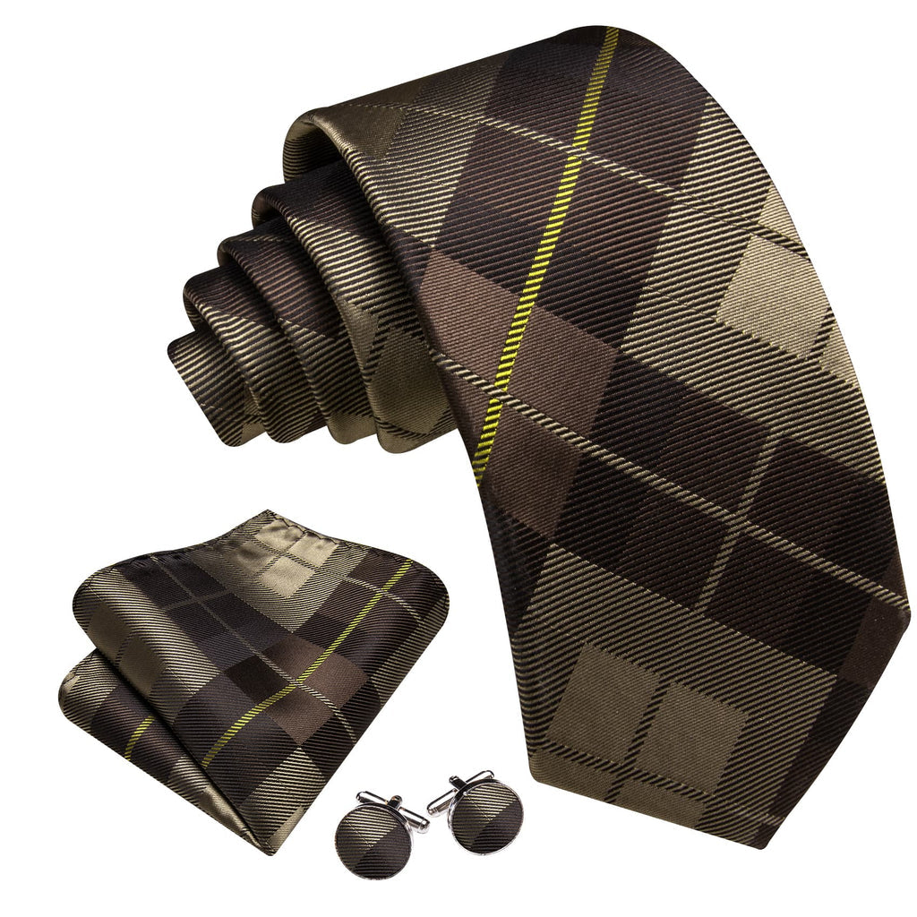 Dark Brown Plaid Checkered Silk Tie Set - GentCrest - View 2
