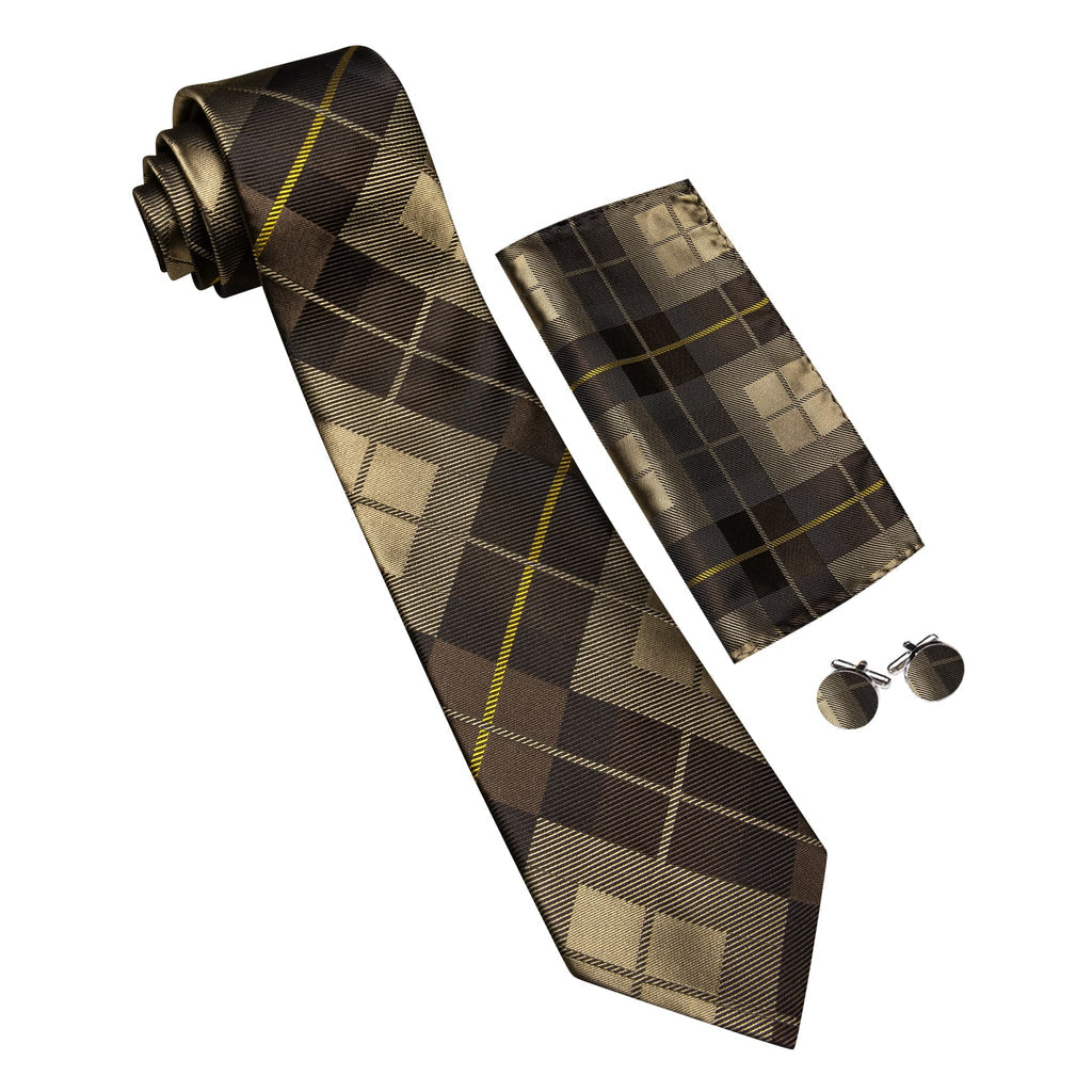 Dark Brown Plaid Checkered Silk Tie Set - GentCrest - View 4