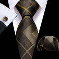Dark Brown Plaid Checkered Silk Tie Set - GentCrest