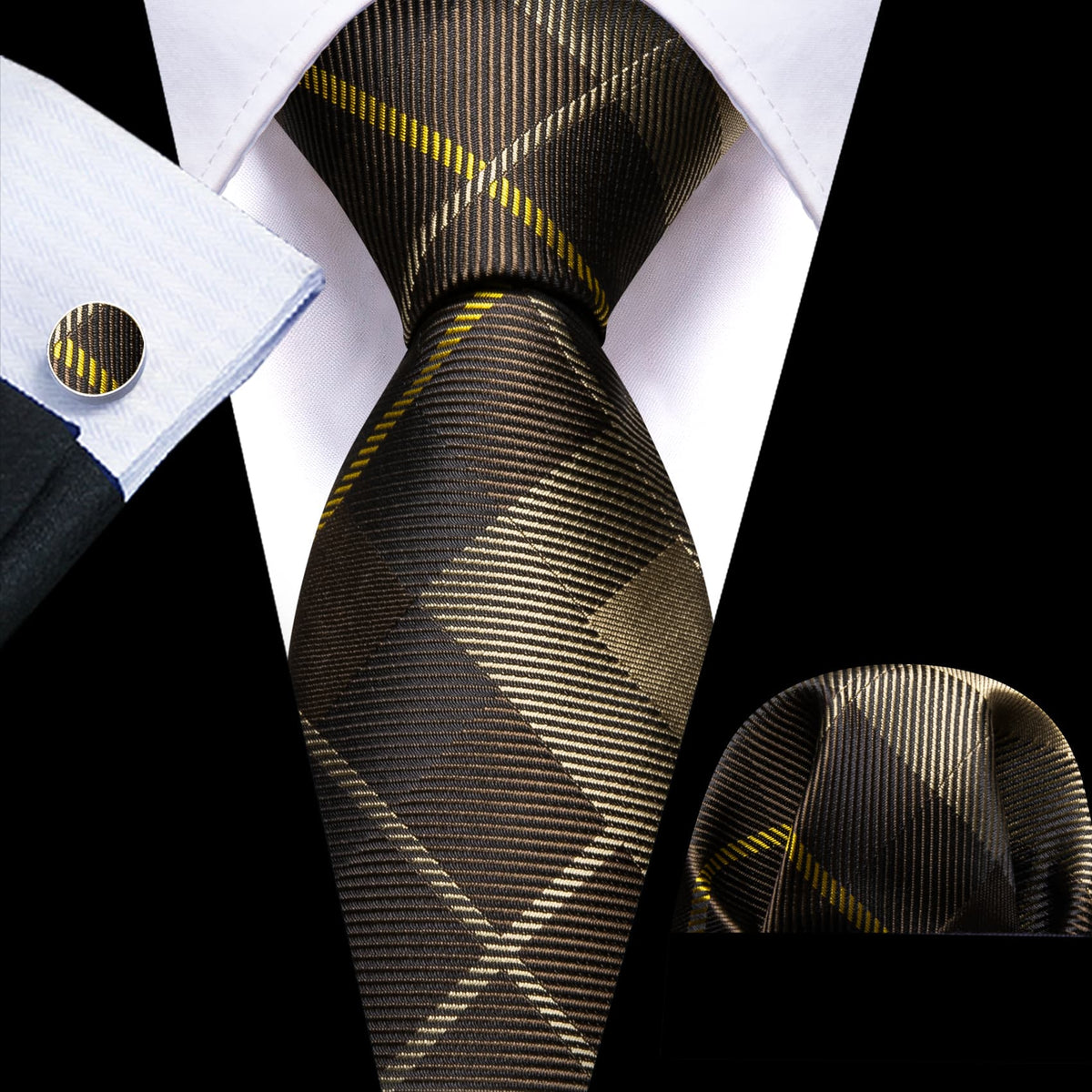 Dark Brown Plaid Checkered Silk Tie Set - GentCrest
