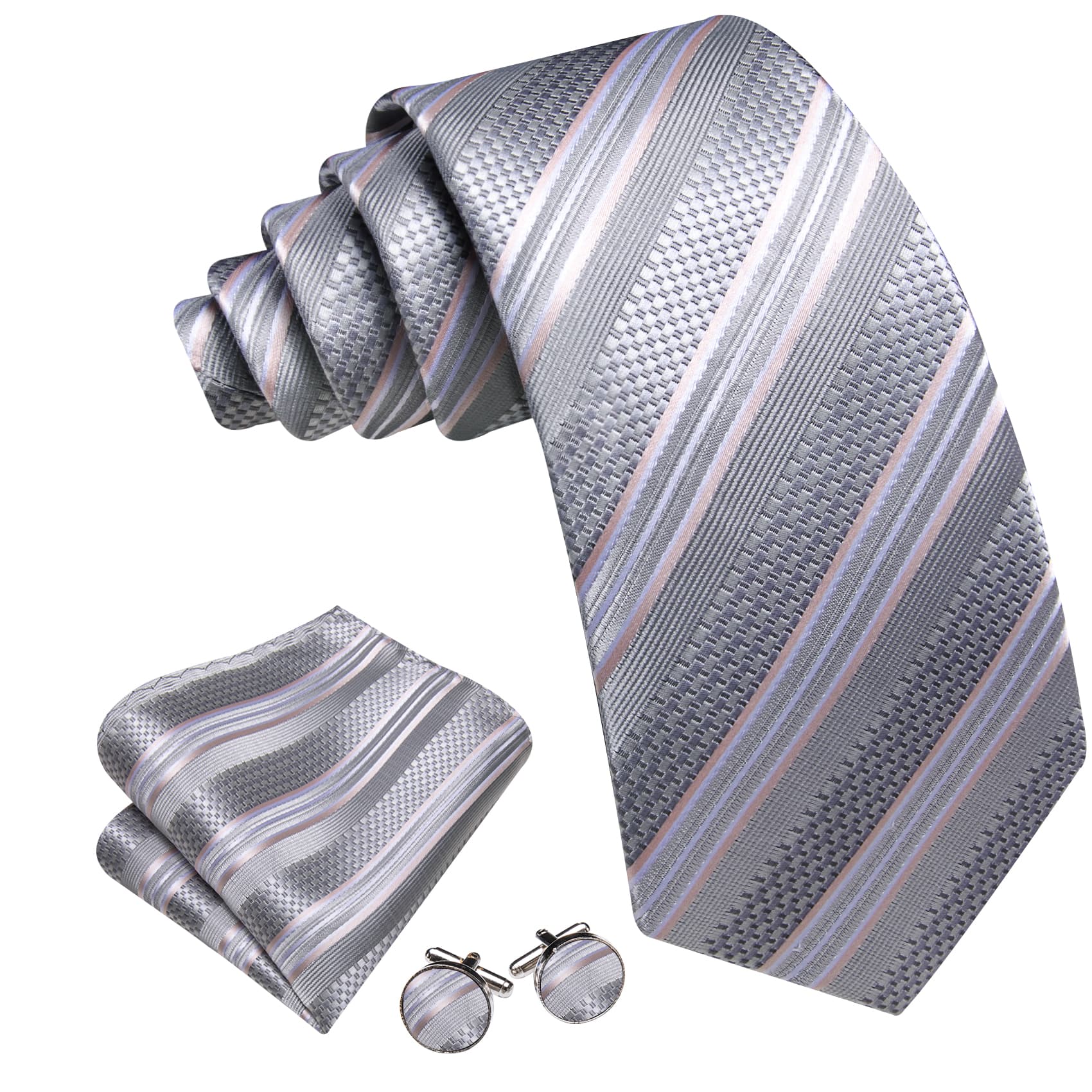 GentCrest Grey Striped Tie Hanky Cufflinks Set - Image 2