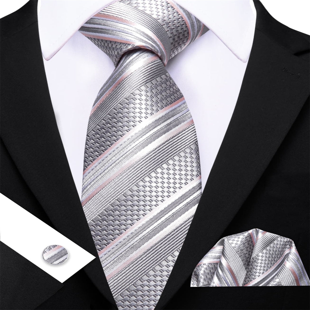 GentCrest Grey Striped Tie Hanky Cufflinks Set - Image 3