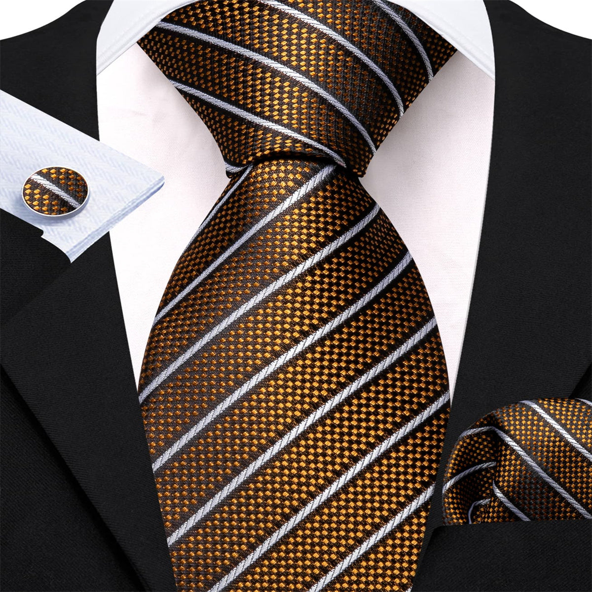 GentCrest Gold Striped Tie Hanky Cufflinks Set - Image 1