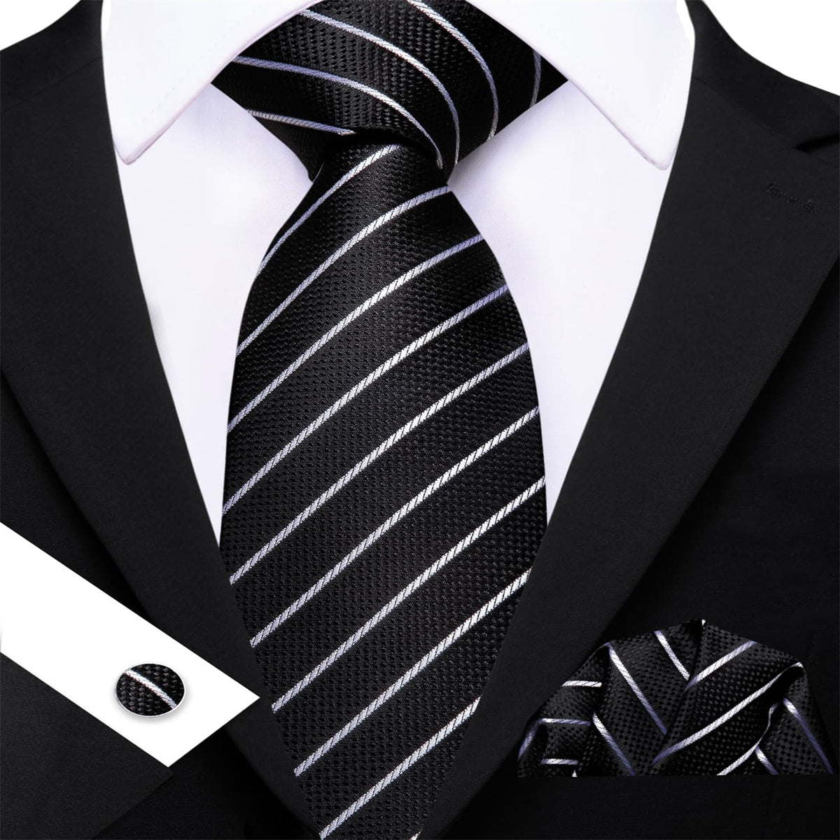 GentCrest Black Striped Tie Hanky Cufflinks Set - Image 3