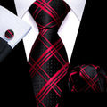 Crimson Red and Black Pinstripe Jacquard Tie, Pocket Square, and Cufflinks Silk Tie Set - GentCrest
