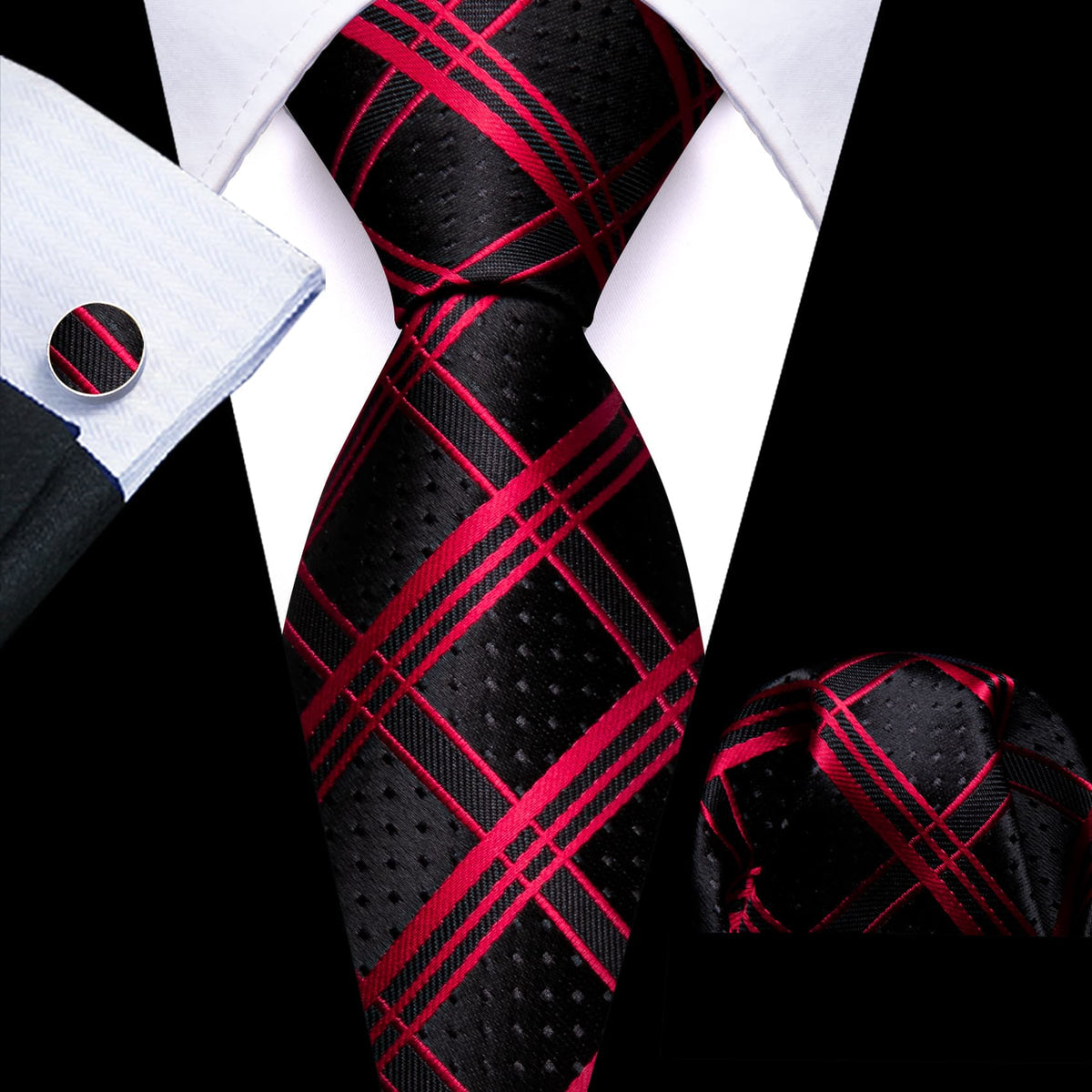 Crimson Red and Black Pinstripe Jacquard Tie, Pocket Square, and Cufflinks Silk Tie Set - GentCrest