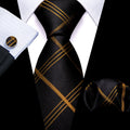 Espresso Brown and Black Jacquard Striped Tie, Pocket Square, and Cufflinks Silk Tie Set - GentCrest