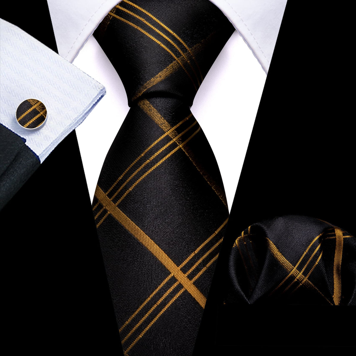 Espresso Brown and Black Jacquard Striped Tie, Pocket Square, and Cufflinks Silk Tie Set - GentCrest
