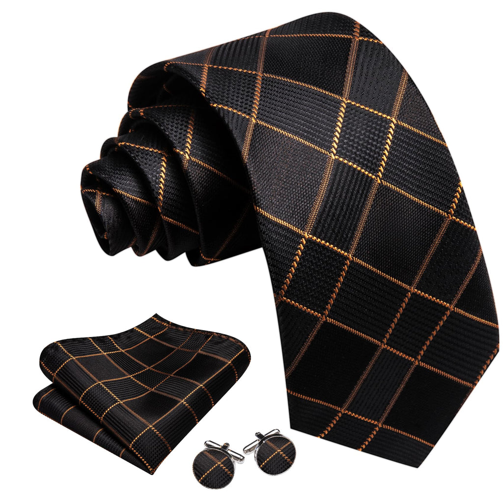 Black & Gold Plaid Silk with Pocket Square and Cufflinks Silk Tie Set - GentCrest - View 2