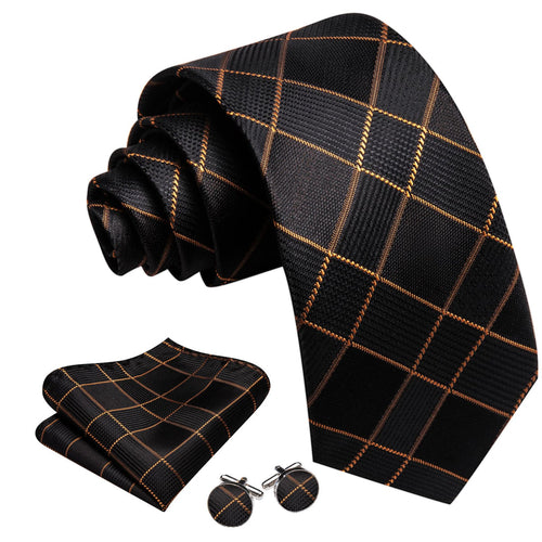 Black & Gold Plaid Silk with Pocket Square and Cufflinks Silk Tie Set - GentCrest - View 2
