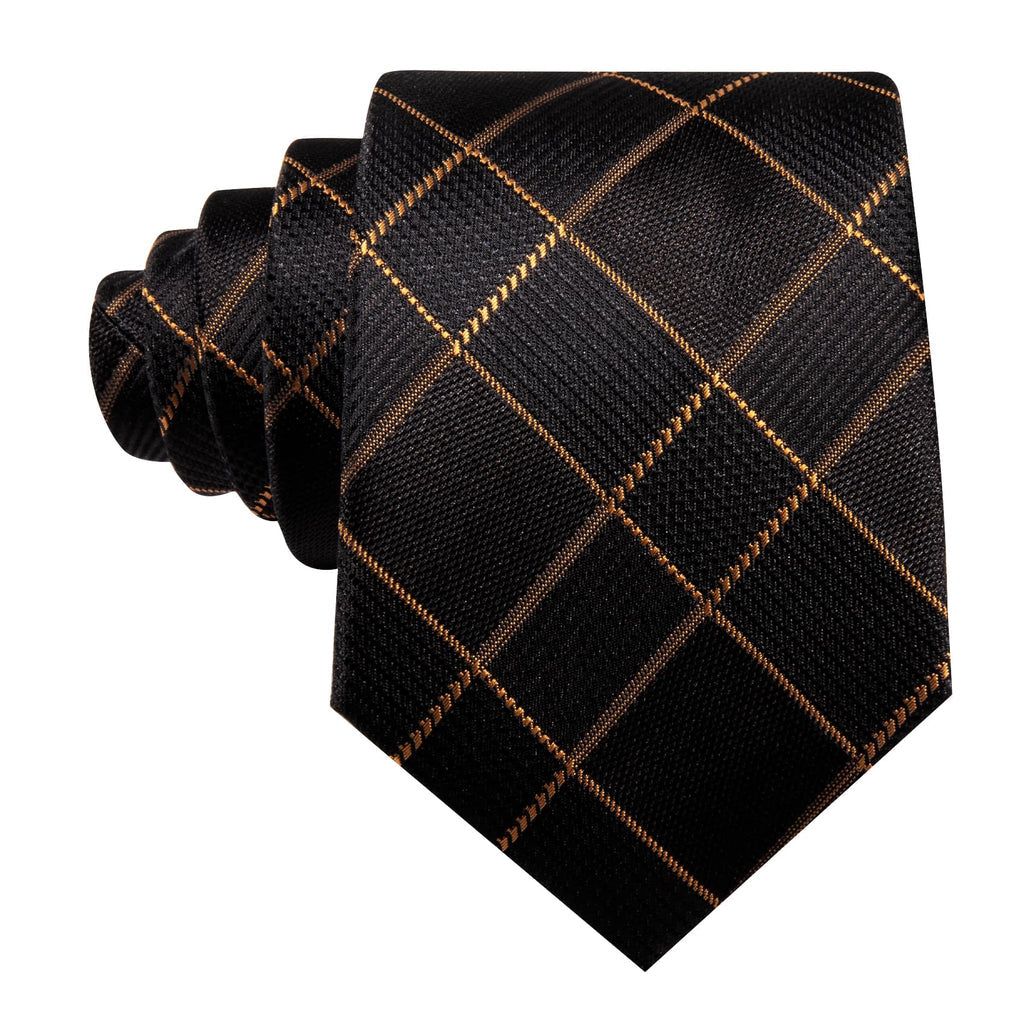 Black & Gold Plaid Silk with Pocket Square and Cufflinks Silk Tie Set - GentCrest - View 3