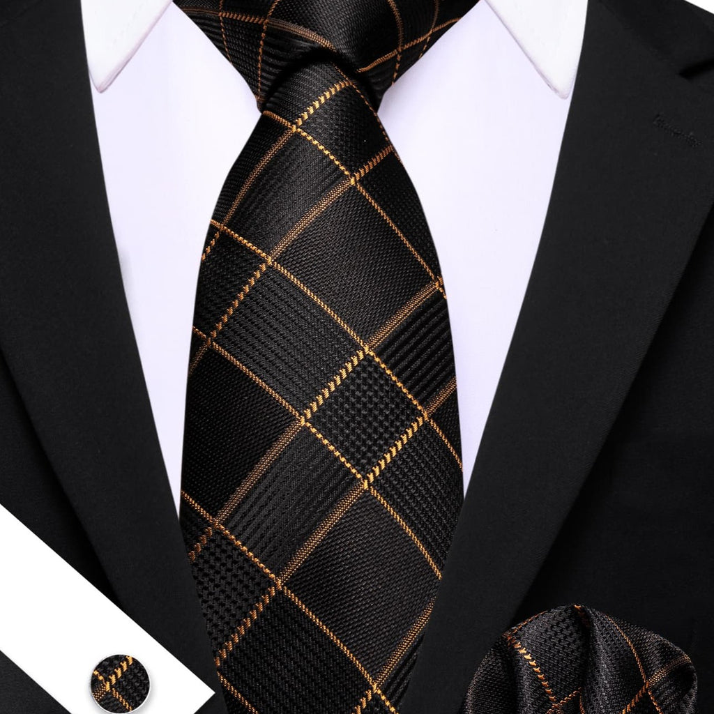 Black & Gold Plaid Silk with Pocket Square and Cufflinks Silk Tie Set - GentCrest - View 5