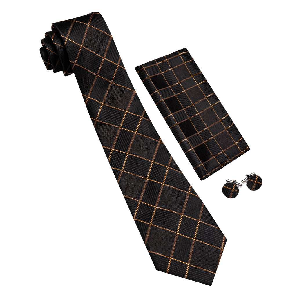 Black & Gold Plaid Silk with Pocket Square and Cufflinks Silk Tie Set - GentCrest - View 4