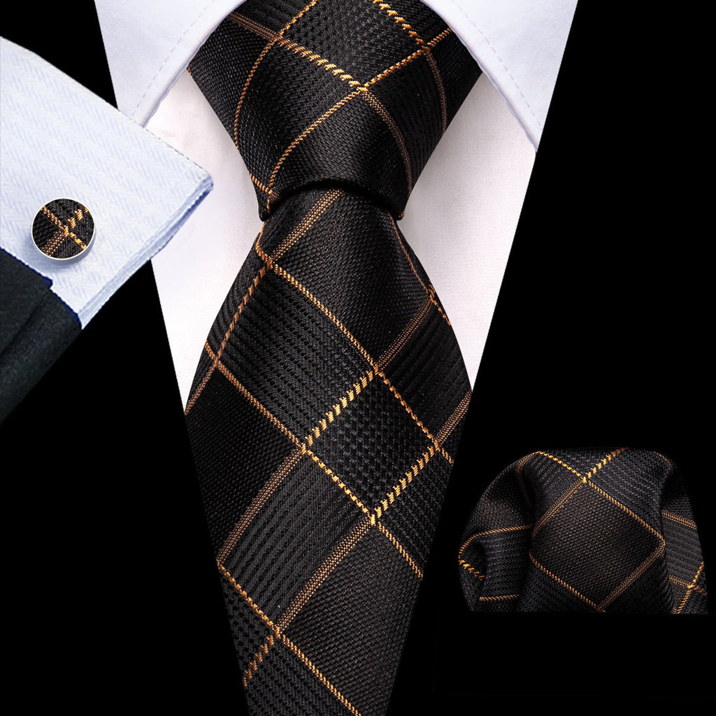 Black & Gold Plaid Silk with Pocket Square and Cufflinks Silk Tie Set - GentCrest