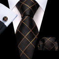 Black & Gold Plaid Silk with Pocket Square and Cufflinks Silk Tie Set - GentCrest
