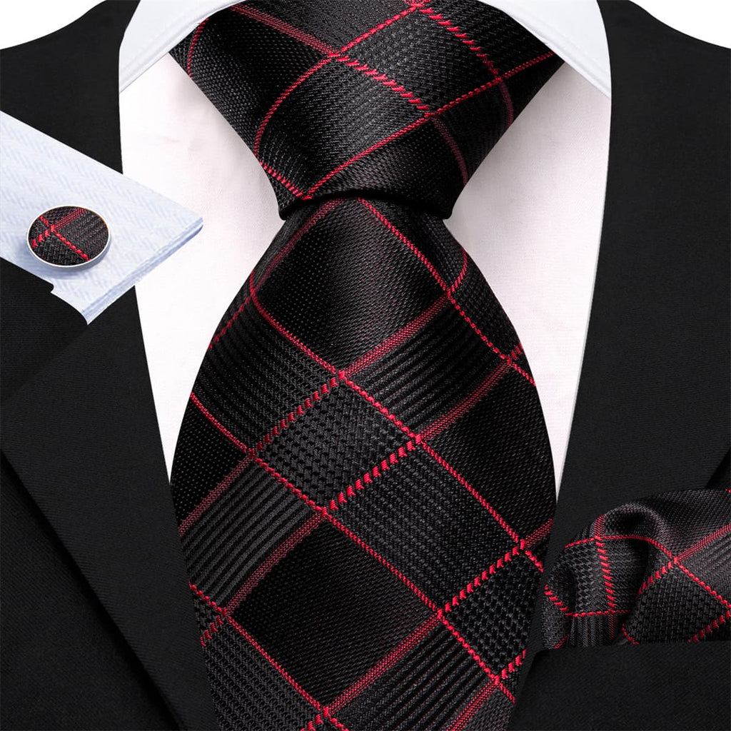 GentCrest Black Plaid Tie Hanky Cufflinks Set - Image 1