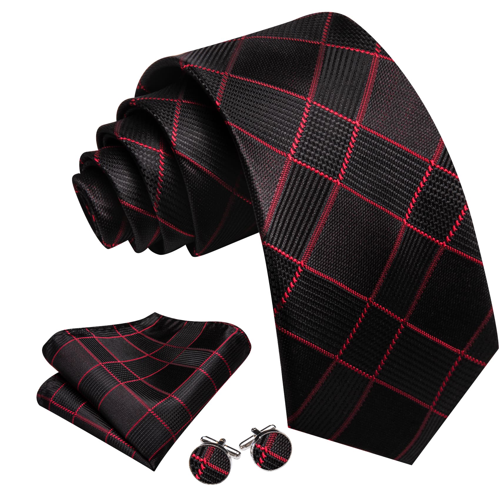 GentCrest Black Plaid Tie Hanky Cufflinks Set - Image 2