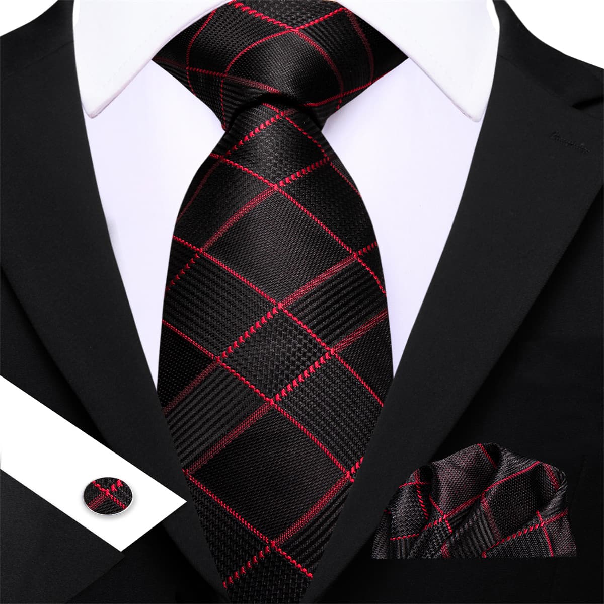 GentCrest Black Plaid Tie Hanky Cufflinks Set - Image 3