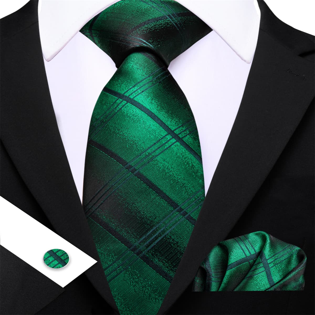 GentCrest Green Plaid Tie Hanky Cufflinks Set - Image 3