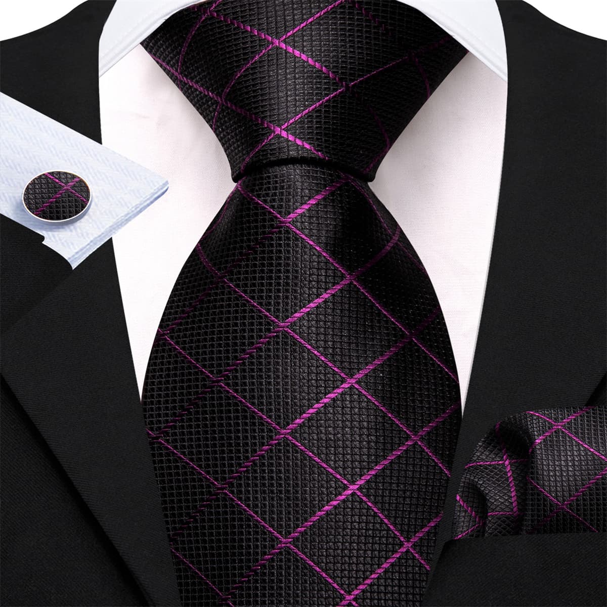 GentCrest Black Plaid Tie Hanky Cufflinks Set - Image 1