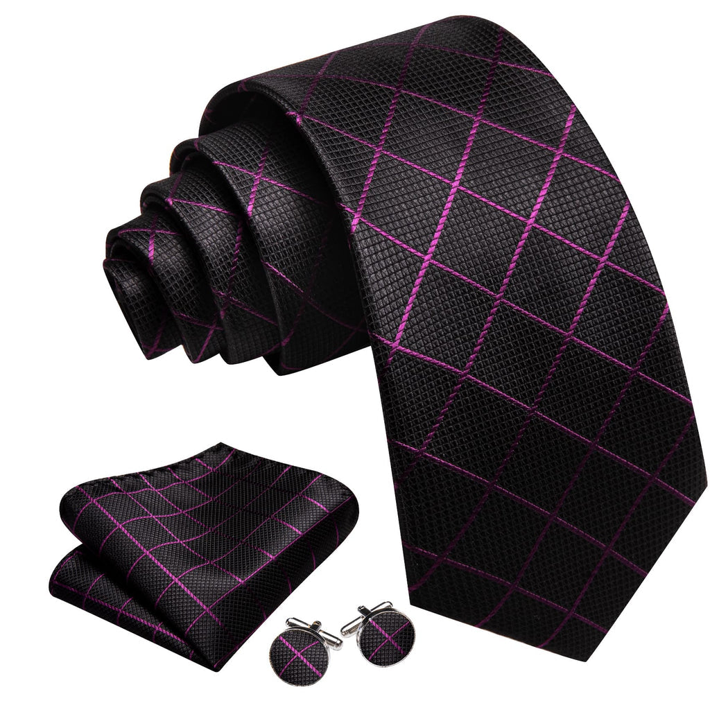 Black Purple Plaid Stripes Silk Tie Set - GentCrest - View 3