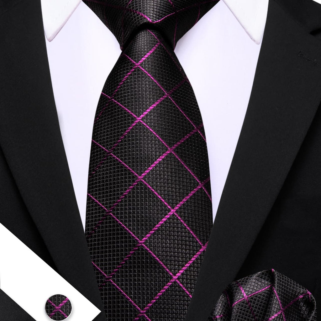 Black Purple Plaid Stripes Silk Tie Set - GentCrest - View 2