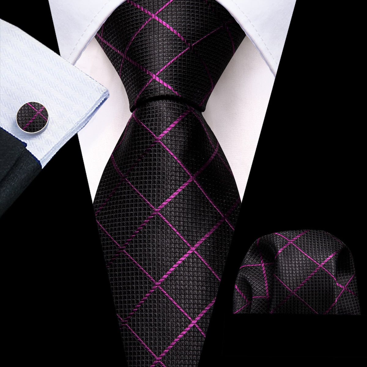 Black Purple Plaid Stripes Silk Tie Set - GentCrest