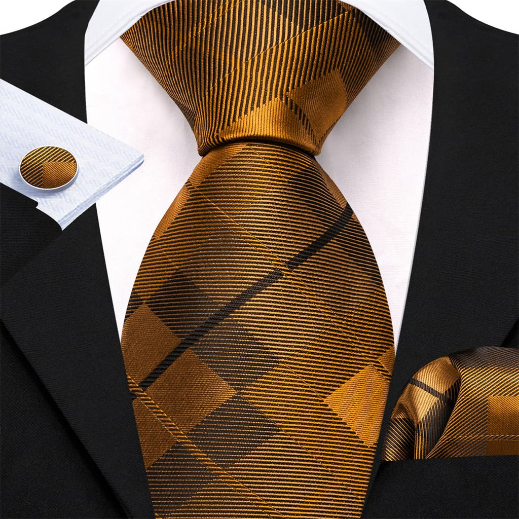 GentCrest Brown Plaid Tie Hanky Cufflinks Set - Image 1