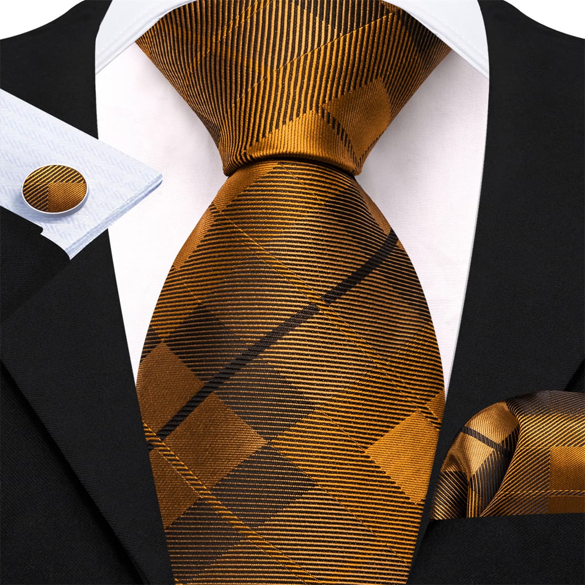 GentCrest Brown Plaid Tie Hanky Cufflinks Set - Image 1