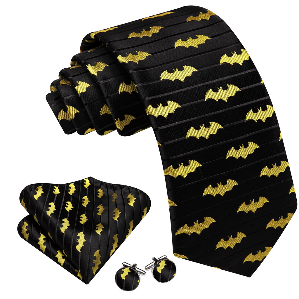 Yellow & Black Jacquard Bat with Pocket Square and Cufflinks Silk Tie Set - GentCrest - View 2