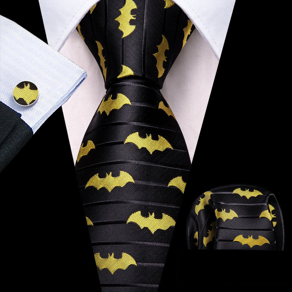 Yellow & Black Jacquard Bat with Pocket Square and Cufflinks Silk Tie Set - GentCrest