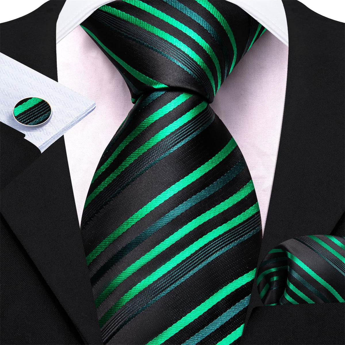 GentCrest Black Striped Tie Hanky Cufflinks Set - Image 3