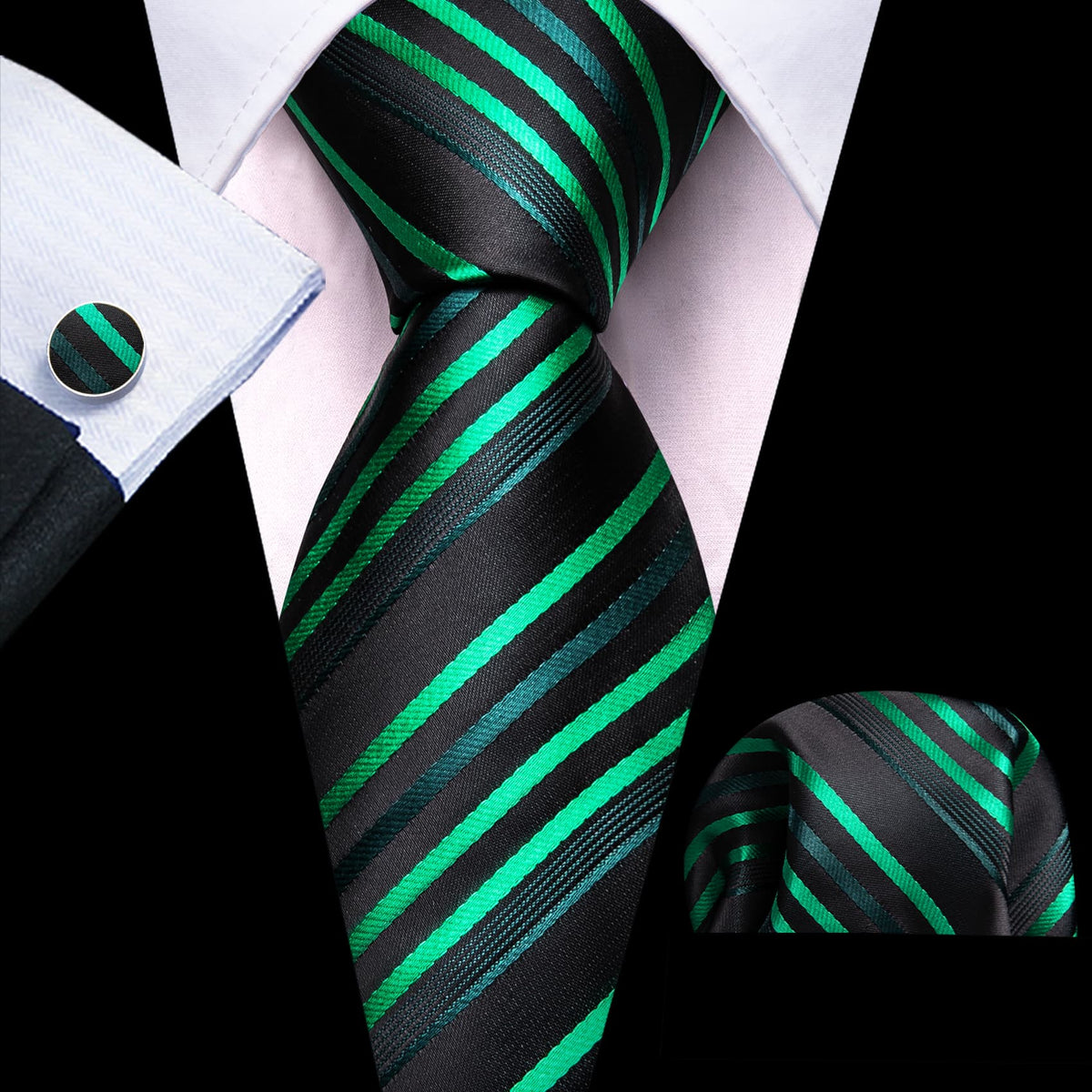 Black and Forest Green Striped Tie, Pocket Square, and Cufflinks Silk Tie Set - GentCrest