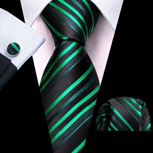 Black and Forest Green Striped Tie, Pocket Square, and Cufflinks Silk Tie Set - GentCrest