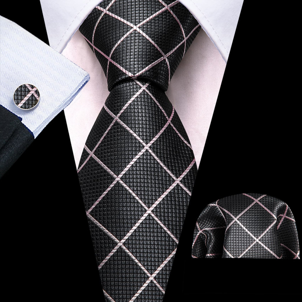 GentCrest Pink Plaid Tie Hanky Cufflinks Set - Image 1